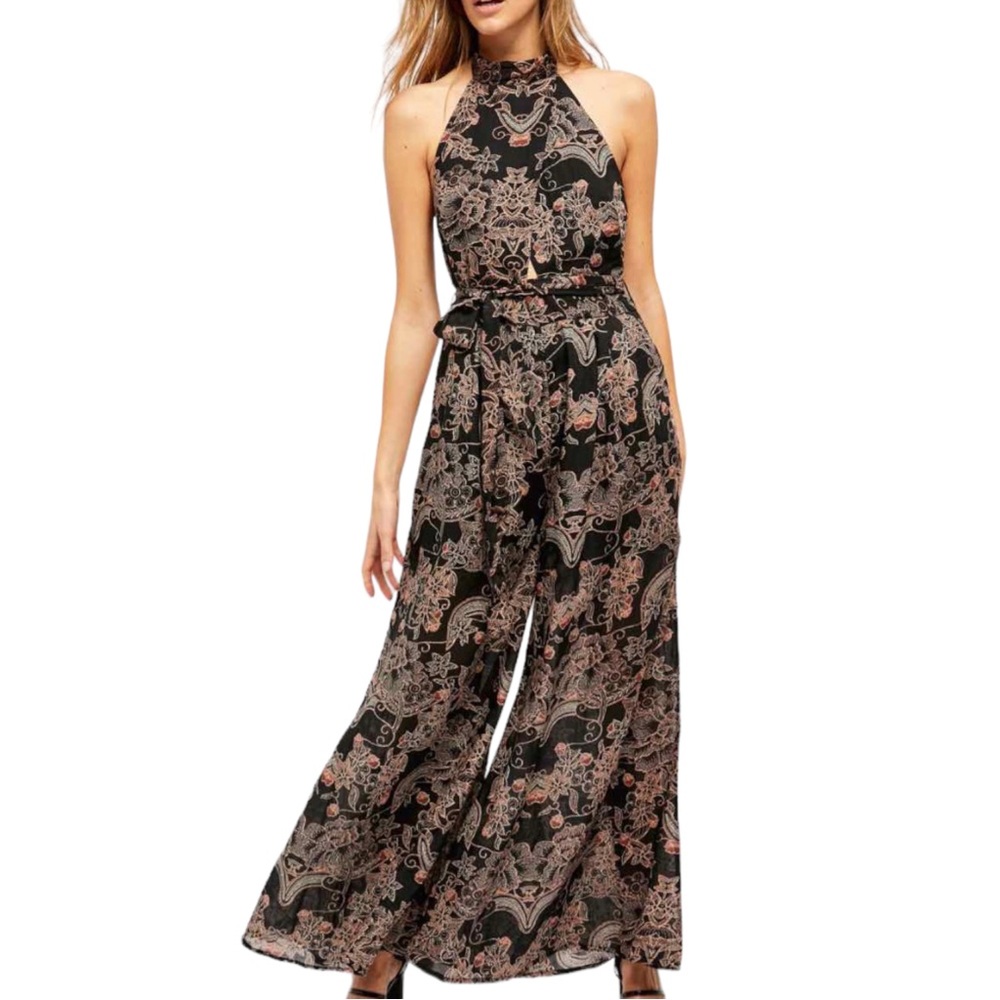 Free People Kissing Sunlight Jumpsuit Halter Wide Leg Black Motif Floral Print